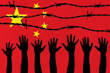 China flag behind barbed wire fence. Group of people hands. Freedom and propaganda concept