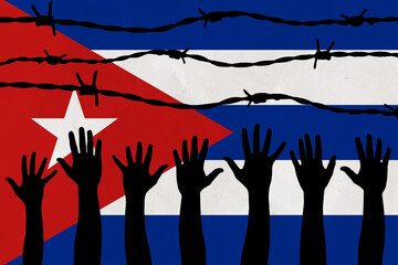 Cuba flag behind barbed wire fence. Group of people hands. Freedom and propaganda concept
