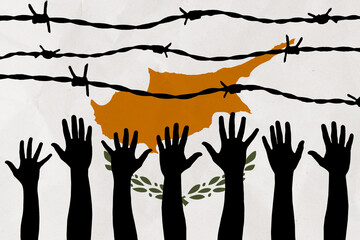 Cyprus flag behind barbed wire fence. Group of people hands. Freedom and propaganda concept