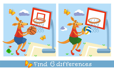 Fototapeta premium Find 6 differences. Puzzle game for children. Cute kangaroo playing basketball. Sports for children. Cartoon character and sports playground. Vector illustration. 