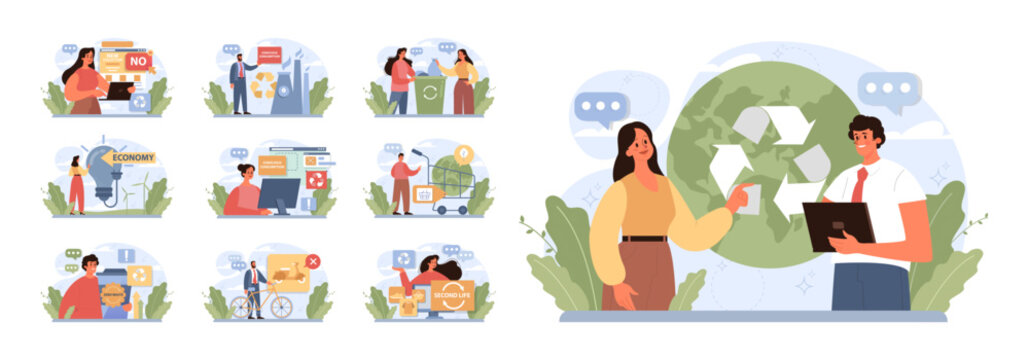 Conscious consumption set. Character with eco-friendly life-style.