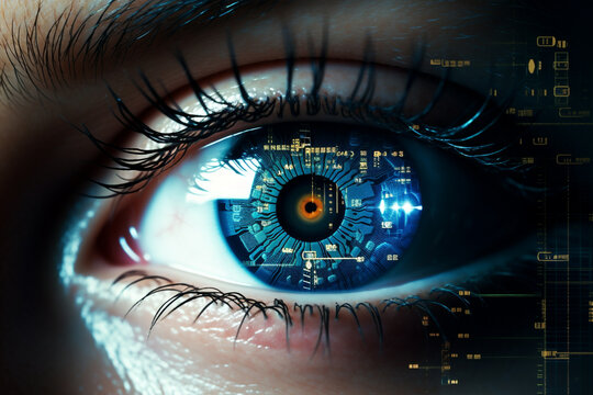 Woman vision caucasian system futuristic concept ocular science human technology eye access sensor data tech digital