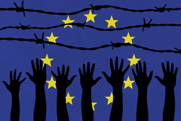 European Union flag behind barbed wire fence. Group of people hands. Freedom and propaganda concept