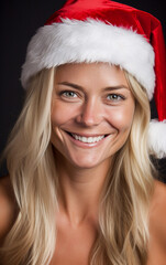 Beautiful smiling woman wearing Santa claus hat