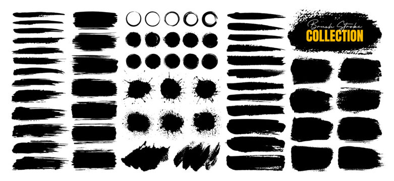 Set of black ink paint brush stroke, grunge texture, line, frame, banner and grungy watercolor design elements isolated on white background. Splash, splatter, stain or dirty spray for social media art