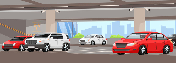 Stationary carparking. Rent garage parking. Automobile infrastructure. Transport zone. Place with number of auto. Concept of urban city parking. Concrete building. Vector illustration