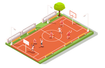 Basketball court with seven sportsmen playing game, throwing ball in ring, trying dunking, jump shot. Orange cover, white markup, benches. Concept of friendly training. Isometric vector illustration