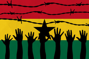Ghana flag behind barbed wire fence. Group of people hands. Freedom and propaganda concept