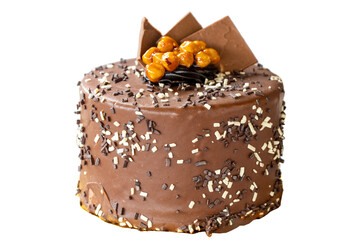 Birthday cake with croquant isolated on white background. Chocolate covered cake with croquant and cream inside. close up