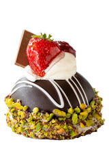 Pistachio and strawberry cake isolated on white background. Fruit and cream cake covered with chocolate on the outside. close up