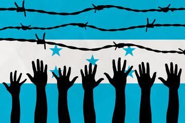 Honduras flag behind barbed wire fence. Group of people hands. Freedom and propaganda concept