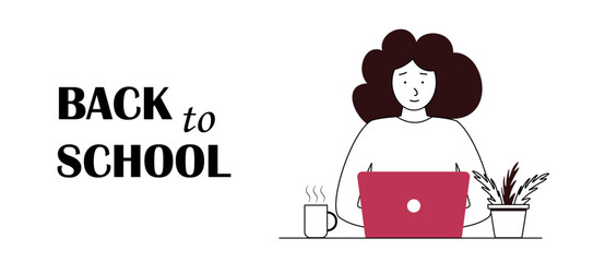 Back to school line illustration. A young girl studies using a laptop