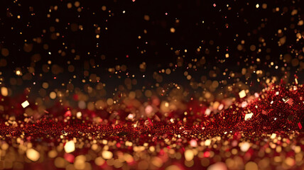 Fototapeta na wymiar Sprinkle gold red dust on a black background in the dark,Sparkling red glitter powder on black background,christmas background,Sprinkle dust red light Christmas and happy new year. 