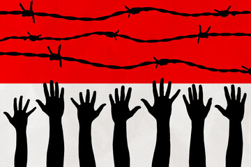 Indonesia flag behind barbed wire fence. Group of people hands. Freedom and propaganda concept