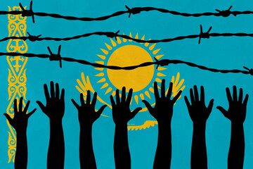 Kazakhstan flag behind barbed wire fence. Group of people hands. Freedom and propaganda concept