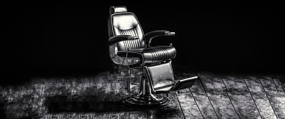 Barber shop chair. Barbershop armchair, modern hairdresser and hair salon, barber shop for men. Black and white