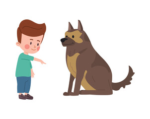 Little boy training big dog to do tricks, child teaches dog to sit command, cartoon vector illustration dog training