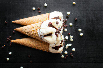 Creamy ice cream with pieces of chocolate. 
