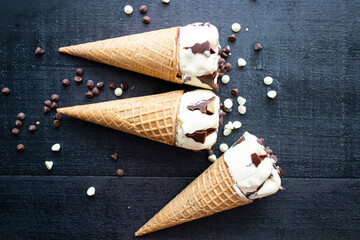 Creamy ice cream with pieces of chocolate. 