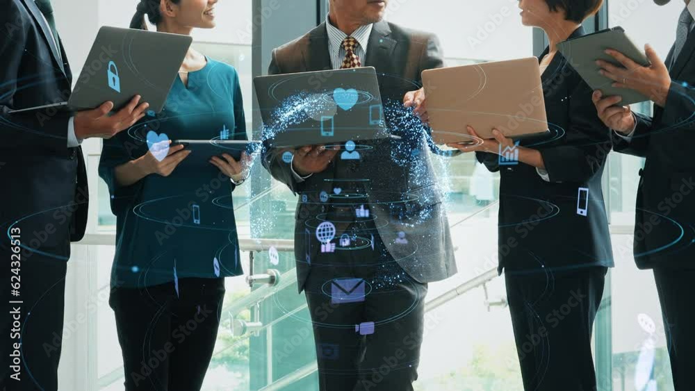 Poster group of businessperson using laptop in office and communication network concept. social media.