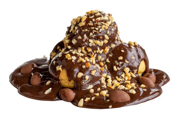 Profiterole dessert isolated on white background. Traditional french cuisine delicacies. Profiterole dessert topped with chocolate and hazelnut pieces. close up