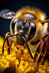 Detailed macro shot of a bumblebee pollinating flowers. Pollinator Support Safeguards Global Agricultural Production.