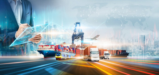 Innovation technology digital future of logistics freight transportation import export concept,...