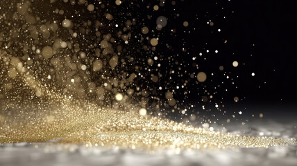 Obraz premium Sprinkle gold Platinum and silver dust on a black background in the dark,Sparkling Platinum and silver glitter powder on black background,christmas background,Sprinkle dust golden light Christmas 