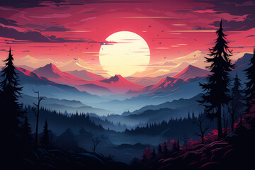 Graphic Mountains Against the Background Sunset Created Using Artificial Intelligence