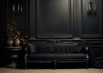 Obraz premium dark gothic elegant interior of living room, empty wall for your design, mockup
