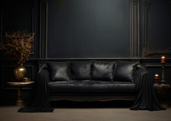 dark gothic elegant interior of living room, empty wall for your design, mockup