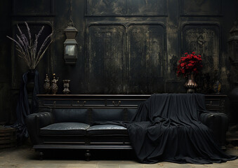 dark gothic elegant interior of living room, empty wall for your design, mockup