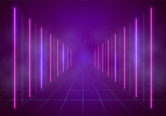 Neon tunnel. Portal with light effects. Retro abstract background. Vector illustration.