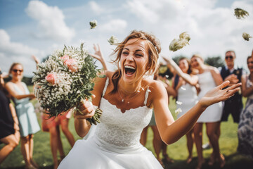 Fototapeta na wymiar Bride throwing a wedding bouquet. Happy bride excited smile for wedding, happiness and marriage. Generative AI
