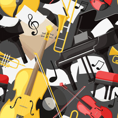 Orchestra playing symphony. Classical instrument preparation for concert. Band setup trumpet, piano, plate. Seamless pattern. Concept of musical cover classical concert. Vector illustration