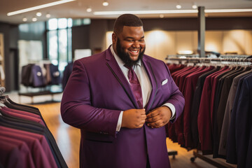Plus size african man trying on suit for wedding. Happy groom excited smile for wedding, happiness and marriage. Generative AI