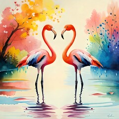 Romantic A pair of flamingos water colour painting