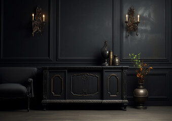 elegant console in dark style room , goth style interior , empty wall for your design, mockup