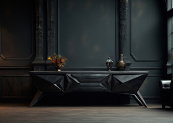 elegant console in dark style room , goth style interior , empty wall for your design, mockup