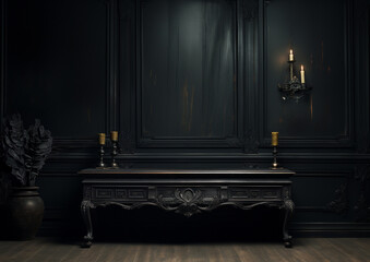 elegant console in dark style room , goth style interior , empty wall for your design, mockup