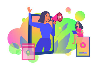 Vector illustration of a blogger shouting loudly into a large megaphone on a laptop screen. Advertising of a website, online service or platform, business promotion on the Internet.