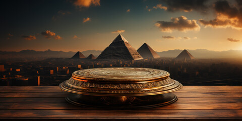 Ancient golden product display podium with pyramids background. Generative AI