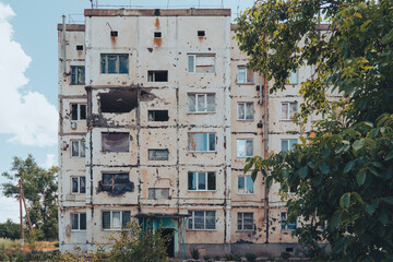 Residential building destroyed by shelling. War in Ukraine