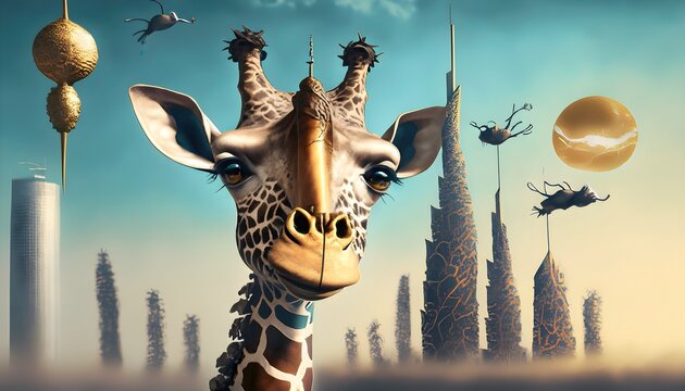 a girrafee with skyscrapper standind behind and spaceships floating in the sky