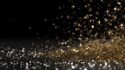 Sprinkle gold  Platinum and silver dust on a black background in the dark,Sparkling Platinum and silver  glitter powder on black background,christmas background,Sprinkle dust golden light Christmas an