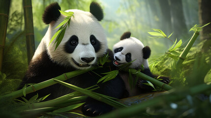 Panda with baby panda eating bamboo leaves in the jungle new quality universal colorful technology image illustration design, generative ai