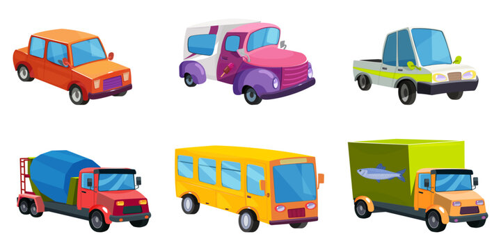 Set of cartoon car, transport vehicle, lorry, truck, bus, concrete mixer, pickup, automobile, collection, toy, sedan, universal. Isolated on white background. Vector illustration