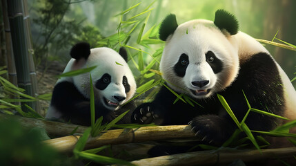 Fototapeta premium Panda with baby panda eating bamboo leaves in the jungle new quality universal colorful technology image illustration design, generative ai