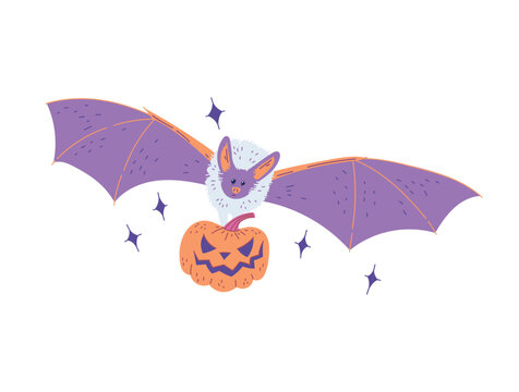 Cute cartoon bat with a devilish pumpkin in paws, vector illustration decoration for a funny children's Halloween party