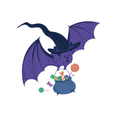 Flying bat in witch hat carrying cauldron of sweets flat style